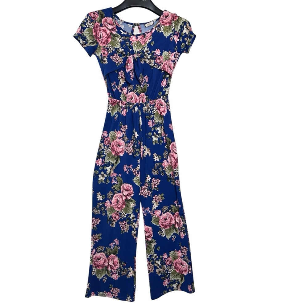 Vintage Paper Doll jumpsuit romper floral size 10 blue pink front tie READ